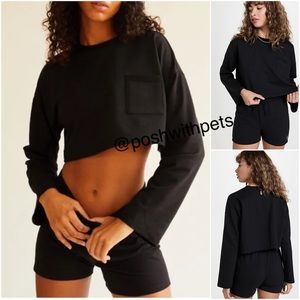 Free People NWT Sunny Set 2 Piece Sweatshirt Shorts Athleisure Set Black SM New